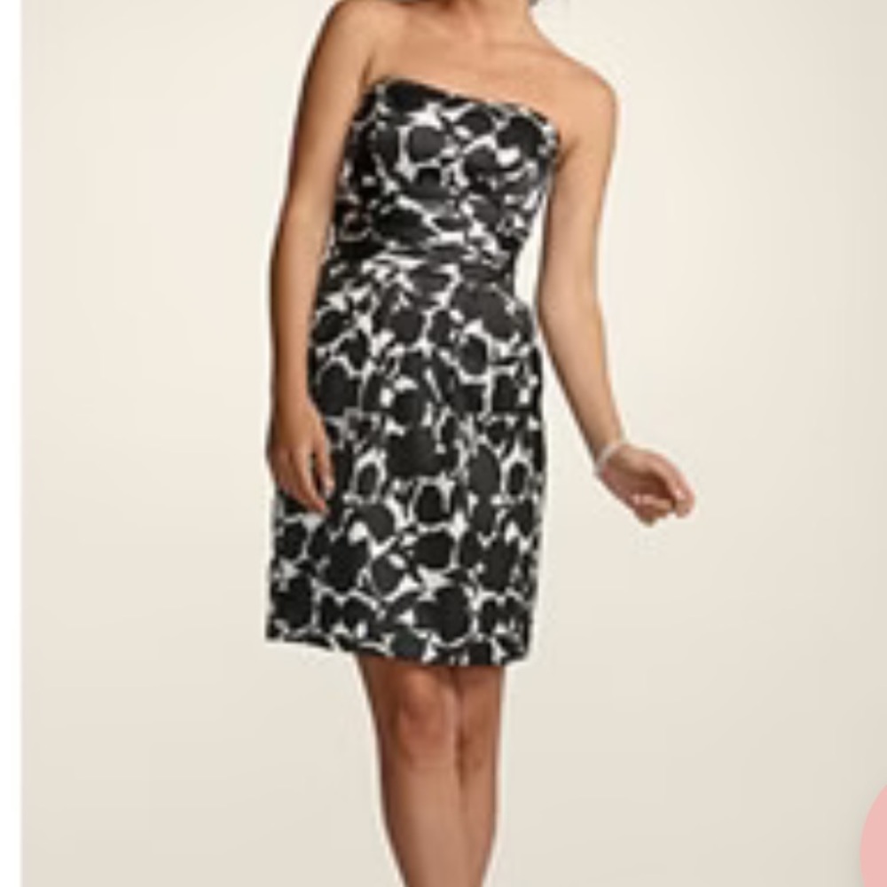 David's Bridal Black and White Strapless Floral Sheath Dress